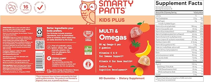 SmartyPants Kids Multivitamin Gummies - Improved Formula: Omega 3 (DHA/EPA), Vitamins D3, C, B12, B6, Vitamin A, K & Zinc, Gluten Free, Three Fruit Flavors, 60 Count (30 Day Supply)