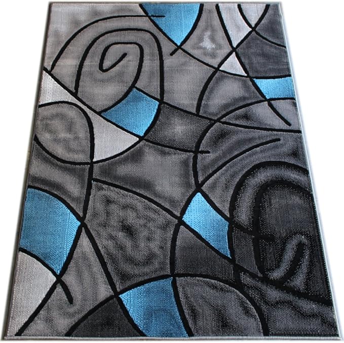 Masada Rugs, Modern Contemporary Area Rug, Blue Grey Black (8 Feet X 10 Feet)