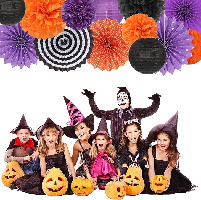 Black Orange Purple Halloween Party-Decorations - 20pcs Paper Lanterns Fans,Tissue Pom Poms,Honeycomb Balls, Birthday Baby Bridal Shower Graduation Wedding Hotel Transylvania Decor Burgleda