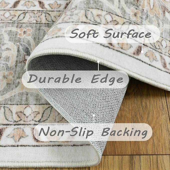 7x9 Area Rugs for Living Room,Thin Washable Rug, Non-Slip Foldable Area Rug for Bedroom, Dining Room, Home Office, Cream