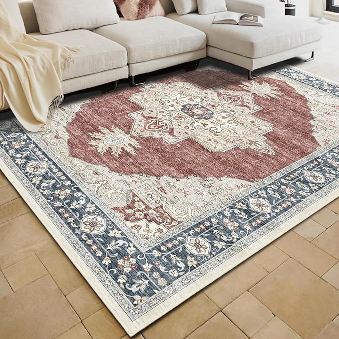 7X9 Washable Vintage Area Rug Boho Distressed Design Non-Shedding Carpet Easy Care Ideal for High Traffic Areas (Brick/Beige, 7x9)