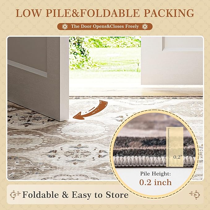 EnHomee Washable Area Rugs 4x6, Soft Area Rug for Living Room Bedroom, Boho Non Slip Low Pile Stain Resistant Washable Rug Large Carpet for Dining Room,Easy to Clean Living Room Rug, Khaki