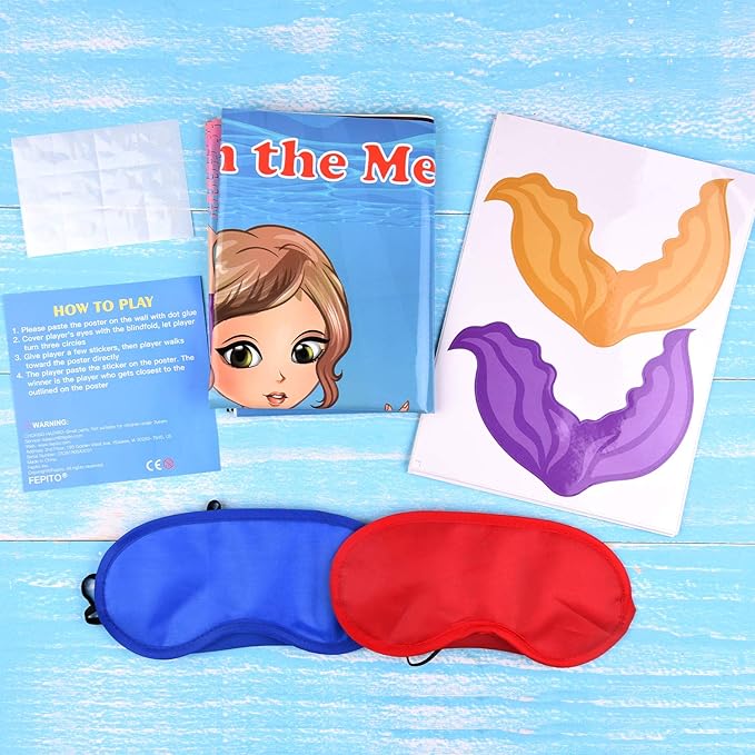 FEPITO Mermaid Party Supplies Pin The Tail on The Mermaid Party Game with 24Pcs Tail Stickers for Kids Birthday Party