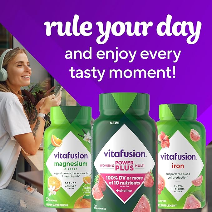Vitafusion Power Plus Women’s Multivitamin Gummies, 100% Daily Value or More of 10 Nutrients, Helps Support Nerve, Energy Metabolism, Bone & Immune Health, Strawberry & Watermelon Flavor, 90 Count