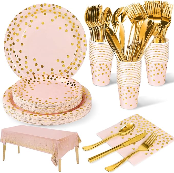 141 Pieces Pink Gold Party Supplies, Party Dinnerware Sets Include Paper Plates Napkins Cups Silverware, for Wedding Bridal Shower Engagement Birthday Parties Decoration -20 Serves