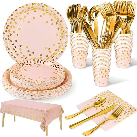 141 Pieces Pink Gold Party Supplies, Party Dinnerware Sets Include Paper Plates Napkins Cups Silverware, for Wedding Bridal Shower Engagement Birthday Parties Decoration -20 Serves