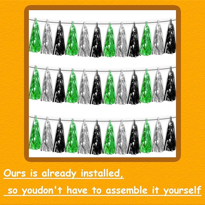 3P Black Silver Green Metallic Fringe Tassel Banner Garland Foil Tinsel Streamer Wall Hanging Curtain Backdrop Banner for Parade Floats, Graduation Decorations, Halloween, Christmas Decorations