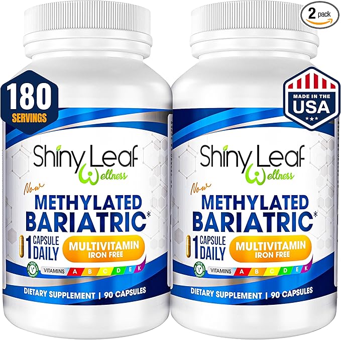 Shiny Leaf Methylated Bariatric Multivitamin Without Iron – Vitamins for Gastric Bypass & Sleeve, 1 Daily Capsule W Methylated Folate, B12, A, C, D, K & More. Vegetarian, Soy-Free, USA Made (180 Ct.)