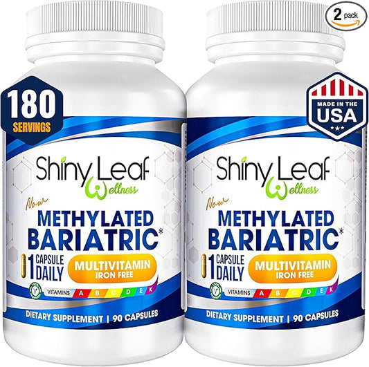 Shiny Leaf Methylated Bariatric Multivitamin Without Iron – Vitamins for Gastric Bypass & Sleeve, 1 Daily Capsule W Methylated Folate, B12, A, C, D, K & More. Vegetarian, Soy-Free, USA Made (180 Ct.)