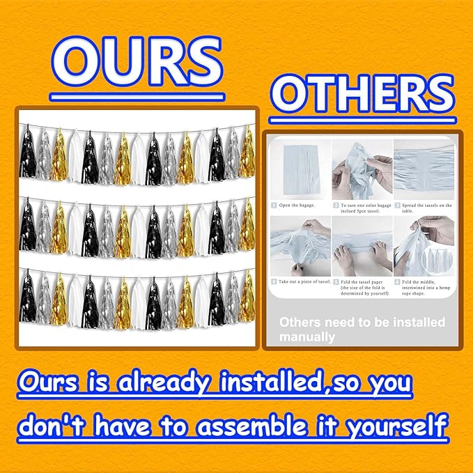 3P Metallic Fringe Tassel Banner Garland Foil Tinsel Streamer Wall Hanging Curtain Backdrop Banner for Parade Floats,Graduation Decorations, New Years Decorations,Father' Day(Black Gold Silver)