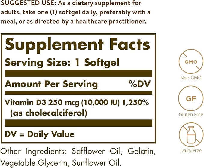 Solgar Vitamin D3 Cholecalciferol 250 MCG 10000 IU Softgels Helps Maintain Healthy Bones Teeth Immune System Support Non-GMO Gluten, Dairy Free Servings, 180 Count