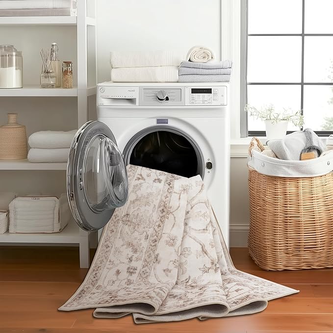 ReaLife Rugs Machine Washable Area Rug - Living Room Bedroom Bathroom Kitchen Entryway Office - Padded Crease Free Stain Resistant Premium - Boho Farmhouse Vintage- BEV- Beige - 2'x 3'