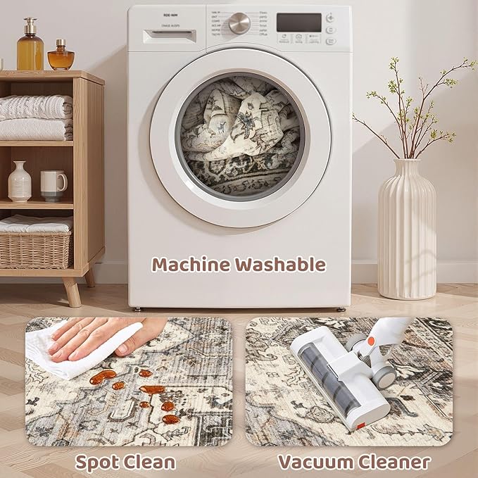 2x3 Washable Entryway Rug: Non-Slip Soft Small Indoor Area Rug for Bedroom Kitchen, Low Pile Stain-Resistant Durable Vintage Floral Carpet for Porch Laundry Kids Room Home Decor (Brown)