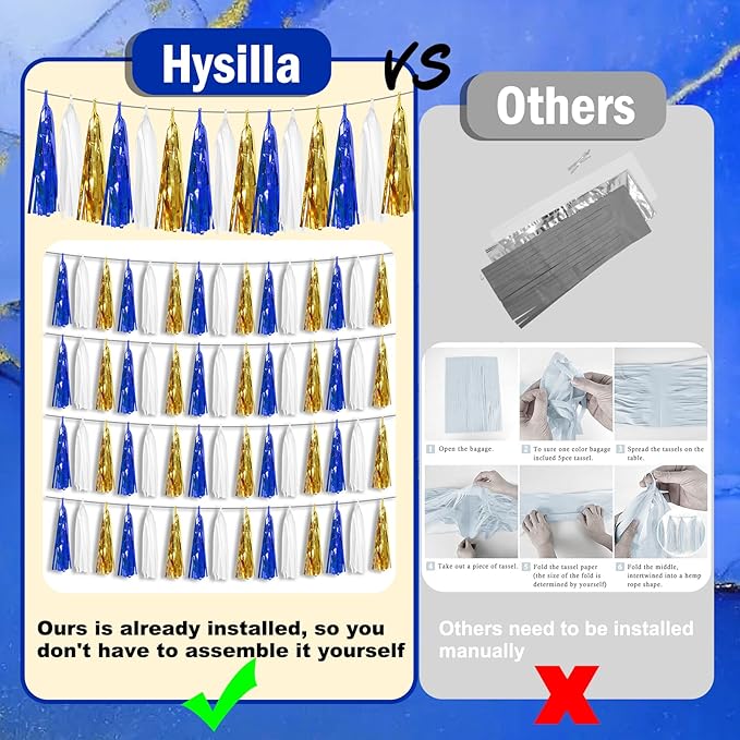 3P Navy-Blue White-Gold Foil Fringe Metallic Tassel-Garland, Tassels Banner Streamers for Parade Floats, Bachelorette, Wedding, Birthday, Halloween, Christmas, Bridal/Baby Shower Party Decorations