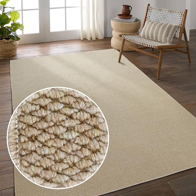 5'x7' Washable Area Rug for Living Room Natural Berber Rug Bedroom Non-Slip Rugs No Shed Faux Jute-Look Area Rugs Non-Skid Washable Area Rug (Camel, 5X7)