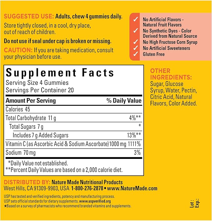 Nature Made Maximum Strength Dosage Vitamin C 1000mg per Serving, Immune Support Vitamin C Gummies for Adults, 80 Vitamin C Gummies, 20 Day Supply