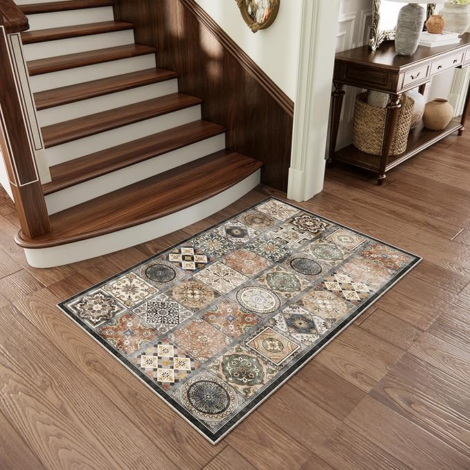Washable Entryway Rug 3'x5 Non-Slip Backing Vintage Indoor Rug Low Pile Lighrweight Carpet for High-Traffic Indoor Entrance & Kitchen