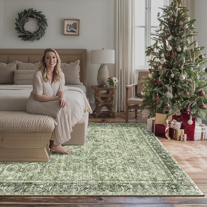 6x9 Washable Rug Vintage Fade Resistant Boho Distressed Non-Slip Indoor Large Carpet Low Pile Lightweight & High-Traffic Safe for Bedroom, Dorm, Playroom - Farmhouse Decor