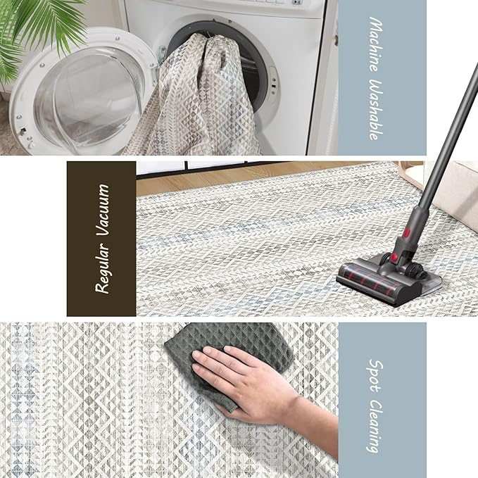 8'x10' Machine Washable Vintage Design Area Rug - Non Slip, Stain Resistant for Home, Office, Machine Washable Area Rugs 8x10, Area Rugs for Living Room (Grey Blue Cream 8x10)…