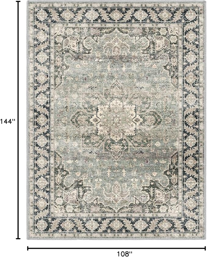 9x12 Area Rugs - 9x12 Washable Area Rug Indoor Vintage Rug Print Rug Low-Pile Floor Carpet for Living Room, Bedroom (Olive Charcoal)