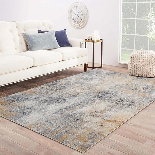 Area Rug 8×10, Large Vintage Boho Rug,Ultra-Soft Low Pile, Washable, Non Slip,Stain Resistant, Printed Carpet for Living Room Bedrooms Playroom Office Kitchen, Gold/Grey