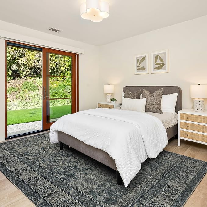 Area Rug 8×10, Large Vintage Boho Rug,Ultra-Soft Low Pile, Washable, Non Slip,Stain Resistant, Printed Carpet for Living Room Bedrooms Playroom Office Kitchen, Moss/Green