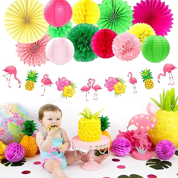 Hawaiian Luau Birthday Party-Decorations Supplies - 21pcs Happy Banner,Beach Paper Lanterns Honeycomb,Flamingo Pool Streamers Garland,Summer Tissue Pom Poms Flowers Fans,Tropical Tiki Decor Burgleda