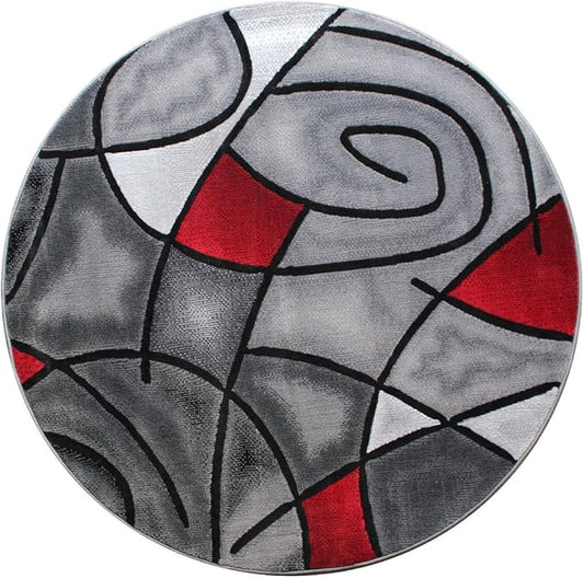 Masada Rugs, Modern Contemporary Round Area Rug, Red Grey Black. (5 Feet X 5 Feet) Round