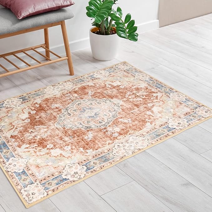 MUJOO 2'x3' Rugs Machine Washable Area Rugs for Entryway Boho Rug for Bathroom Kitchen Non Slip Carpet Abstract Soft Low-Pile Orange Navy Blue Area Rug Floral