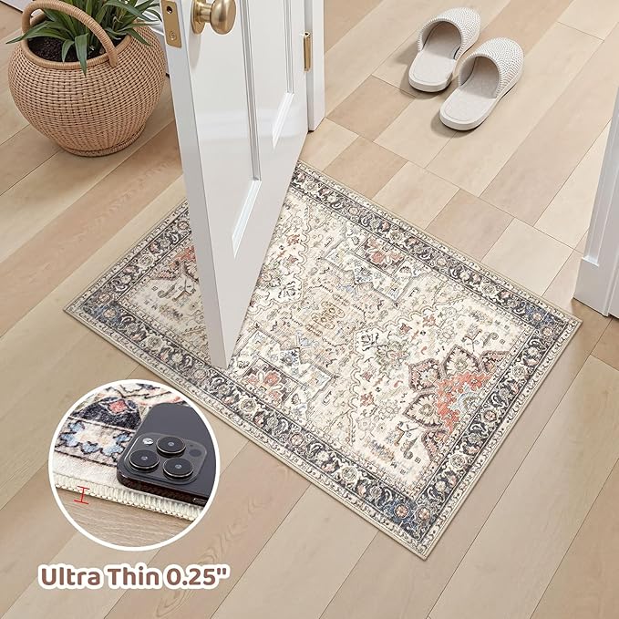 2x3 Washable Entryway Rug: Non-Slip Soft Small Indoor Area Rug for Bedroom Kitchen, Low Pile Stain-Resistant Durable Vintage Floral Carpet for Porch Laundry Kids Room Home Decor (Multi)