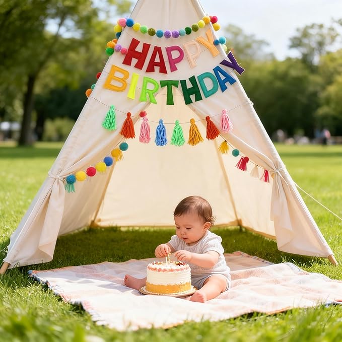 Pre-Strung Happy Birthday Banner Felt Ball Garland Reusable Happy Birthday Garland Pom Pom Party Decor Colorful Thread Tassel Rainbow Party Decorations for Girls Boys Women Men