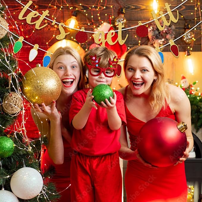 Gold Lets Get Lit Banner Christmas Banner, Christmas Party Decorations, Indoor Outdoor Home Hanging, Decor Yellow Glitter