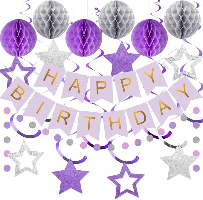 meowtastic Birthday Decorations, Happy Birthday Banner with Honeycomb Ball, Star Hanging Swirl Streamer, Circle Dot Garland, Happy Birthday Party Decoration for Women Men Boys Girls (Purple & Silver)