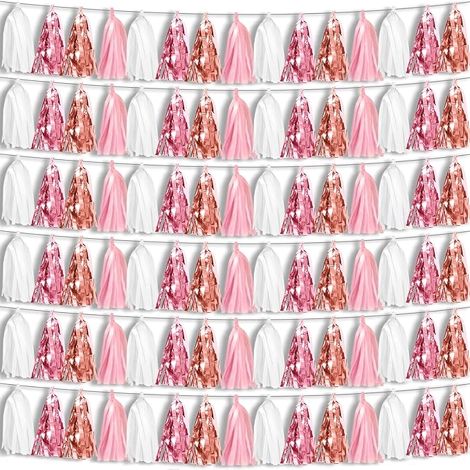 6P Pink White Peach Rose Gold Tassels Foil Fringe Metallic Garland Banner, Tassels Banner Streamers for Parade Floats, Bachelorette, Wedding, Birthday, Christmas, Bridal/Baby Shower Party Decorations