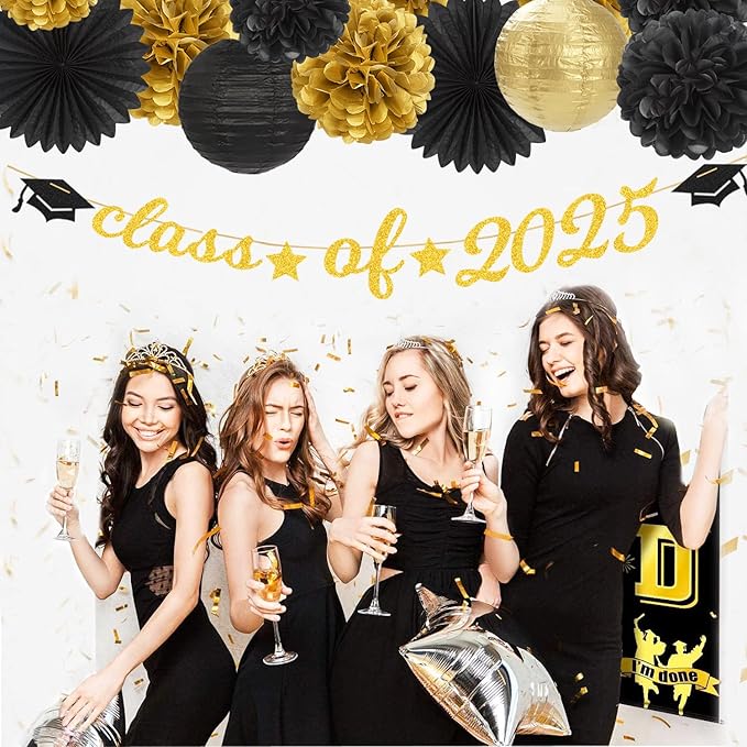 Black-Gold 2025 Class-Congratulations Graduation Party-Decorations - 22pcs High School College Grad Prom Supplies Decor, Tissue Pom Poms Streamers, Paper Flowers Lanterns Hugmoon