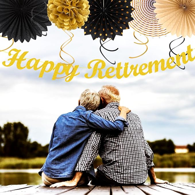 Black Gold Women-Men Happy-Retirement Party-Decorations - 21pcs Celebration Banner,Paper Streamers Lanterns Honeycomb,Tissue Flowers Pom Poms Fan, Classroom Backdrop Supplies Garland Decor Huglony
