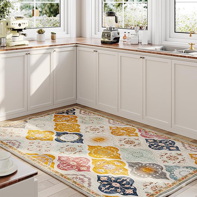EnHomee Washable Area Rugs 4x6, Soft Area Rug for Living Room Bedroom, Boho Non Slip Low Pile Stain Resistant Washable Rug Large Carpet for Dining Room,Easy to Clean Living Room Rug, Colorful