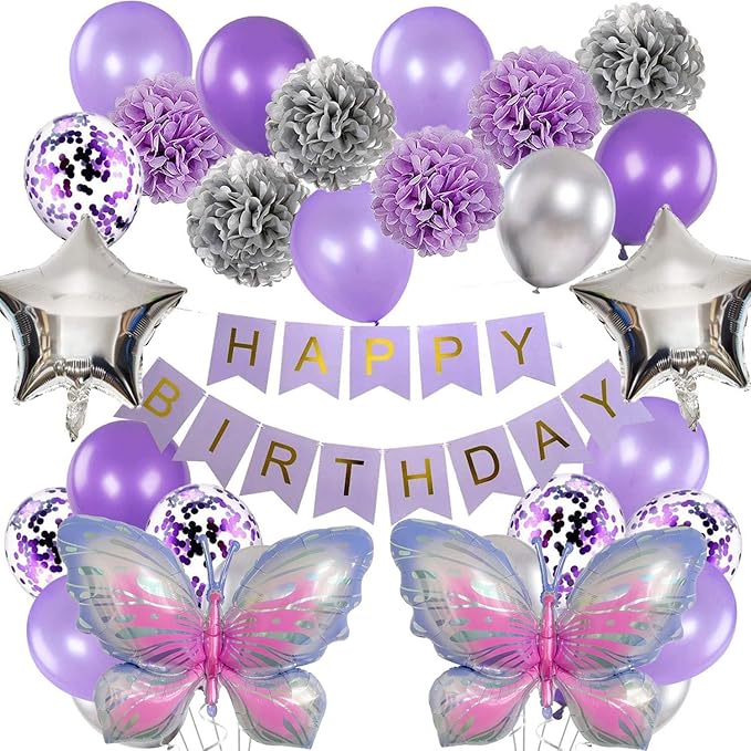 FBQ 31 Pcs Purple Happy Birthday Butterfly Balloon Kit Butterfly Theme Balloon Arch Baby Shower Party DecorationsSupplies