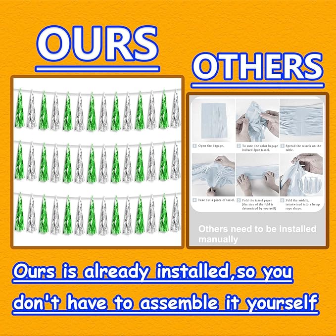 3P Metallic Fringe Tassel Banner Garland Foil Tinsel Streamer Wall Hanging Curtain Backdrop Banner for Parade Floats, Graduation Decorations, Father's Day Party Decoration(Green Silver)