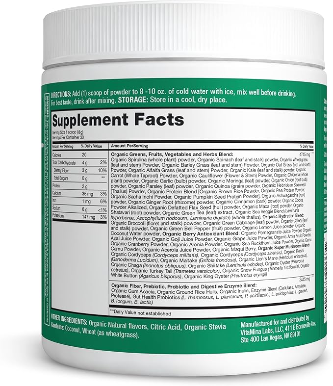 Zena Nutrition Organic Super Greens Powder, 70+ Superfoods, 0 Sugar, 3G Fiber, Spirulina, Chlorella, Antioxidants, Prebiotics/Probiotics, Digestive Enzymes, Green Apple, 30 Servings