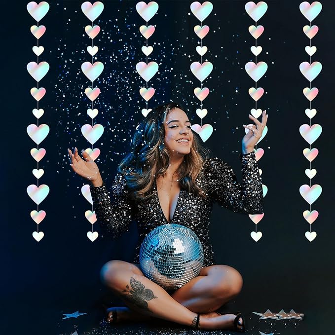 Iridescent Disco-Holographic Party-Decorations Love-Heart Garland - 39Ft Wedding Hanging Decoration Neon Streamers Banner, Birthday Bachelorette Baby Bridal Shower Engagement Decor Hugtmr