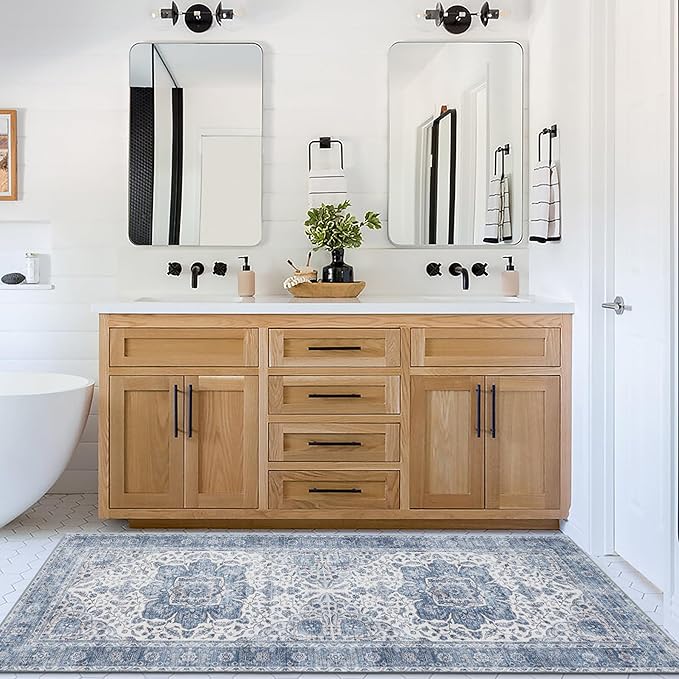 ReaLife Rugs Machine Washable Area Rug Runner - Living Room Bedroom Bathroom Kitchen Entryway Office - Padded Low Pile Stain Resistant Premium - Boho Farmhouse Vintage - Joy - Blue Ivory 2'6" x 8'