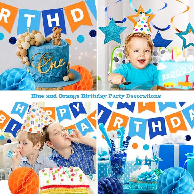 meowtastic Birthday Decorations, Happy Birthday Banner with Honeycomb Balls, Star Hanging Swirl Streamers, Circle Dots Garland, Happy Birthday Party Decorations for Women Girls (Blue & Orange)