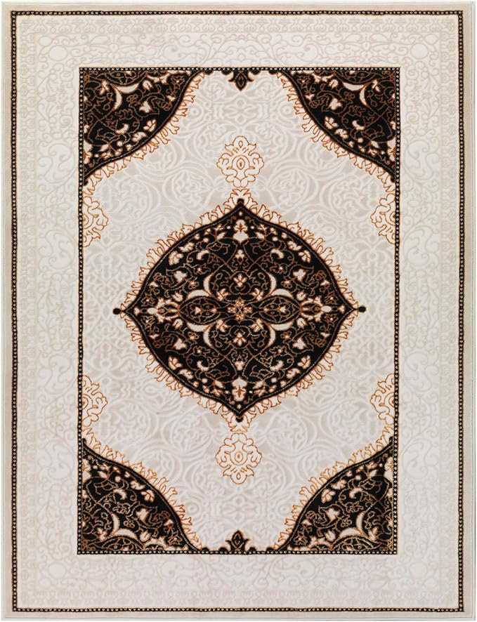 Antep Rugs Babil Gold 8x10 Oriental Bordered High Low Textured Traditional Indoor Area Rug, Beige Black, 7'10" x 10'
