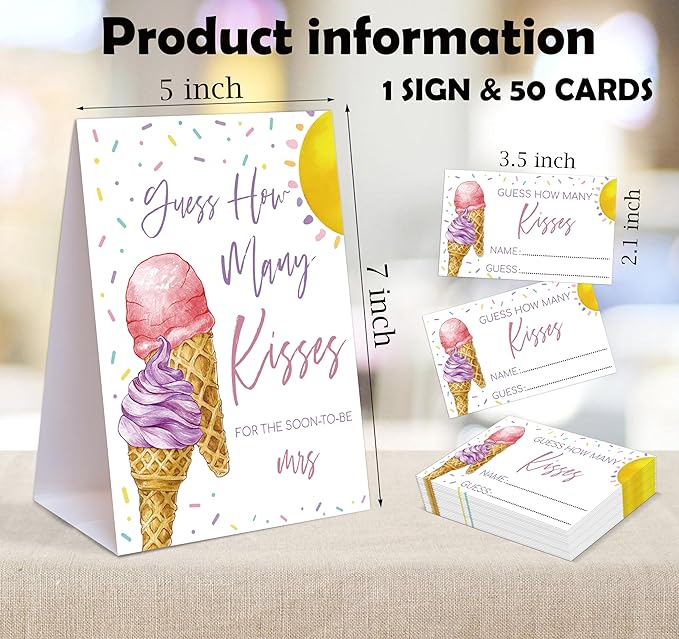 Pink & Purple Ice Cream Themed How Many Kisses for The Soon to Be Mrs, 1 Tabletop Sign and 50 Cards, How Many Kisses Bridal Shower Game for Bachelorette Night Wedding Event & Party Supplies