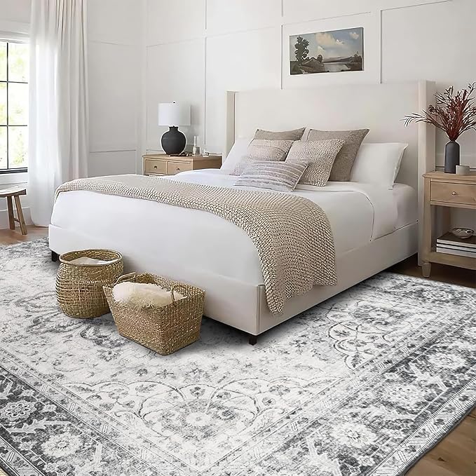 ReaLife Rugs Machine Washable Area Rug - Living Room Bedroom Bathroom Kitchen Entryway Office - Padded Low Pile Stain Resistant Premium - Boho Farmhouse Vintage - Joy - Gray 7'6" x 9'6"
