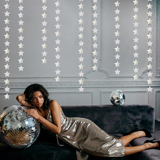 Glitter-Silver Party-Decorations Star Christmas Garland - 62ft Birthday Twinkle Little Star Hanging Streamers Banner,Bachelorette Engagement Wedding New Years Supplies Decor Hugtmr