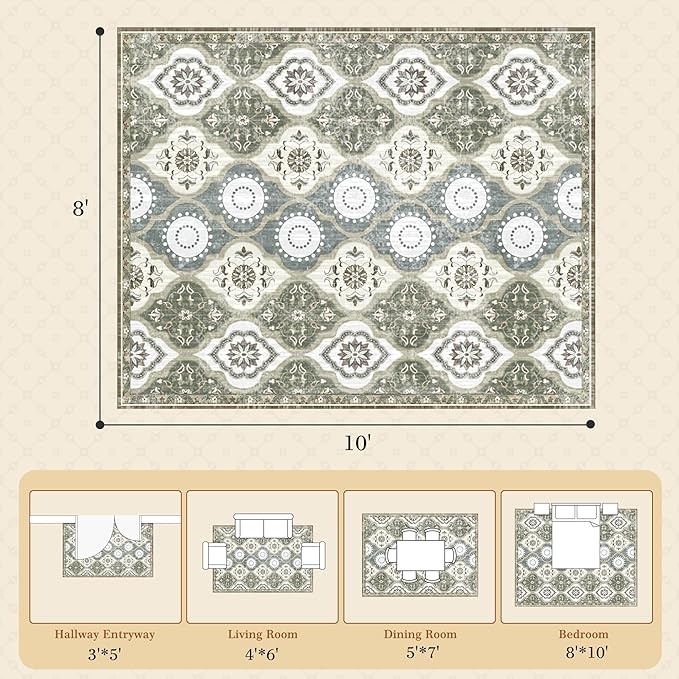 EnHomee 8x10 Area Rug, Soft Washable Rugs for Living Room Bedroom, Boho Non Slip Low Pile Stain Resistant Washable Rug Large Area Rugs for Dining Room,Easy to Clean Living Room Rug, Green