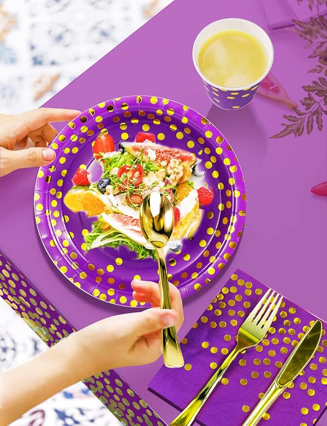 141 Pieces Purple Gold Party Supplies, Disposable Party Decorations Sets Include Paper Plates Napkins Cups, Plastic Forks Knives Spoons, for Baby Shower Birthday Wedding -20 Guests