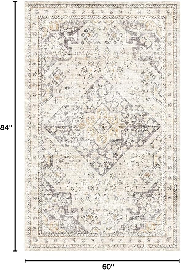 Area Rug 5x7, Washable Vintage Rug Traditional Mat, Distressed Indoor Foldable Thin Retro Accent Rug, Non Slip Carpet Living Room Dining Room Office(Beige Cream, 5x7)
